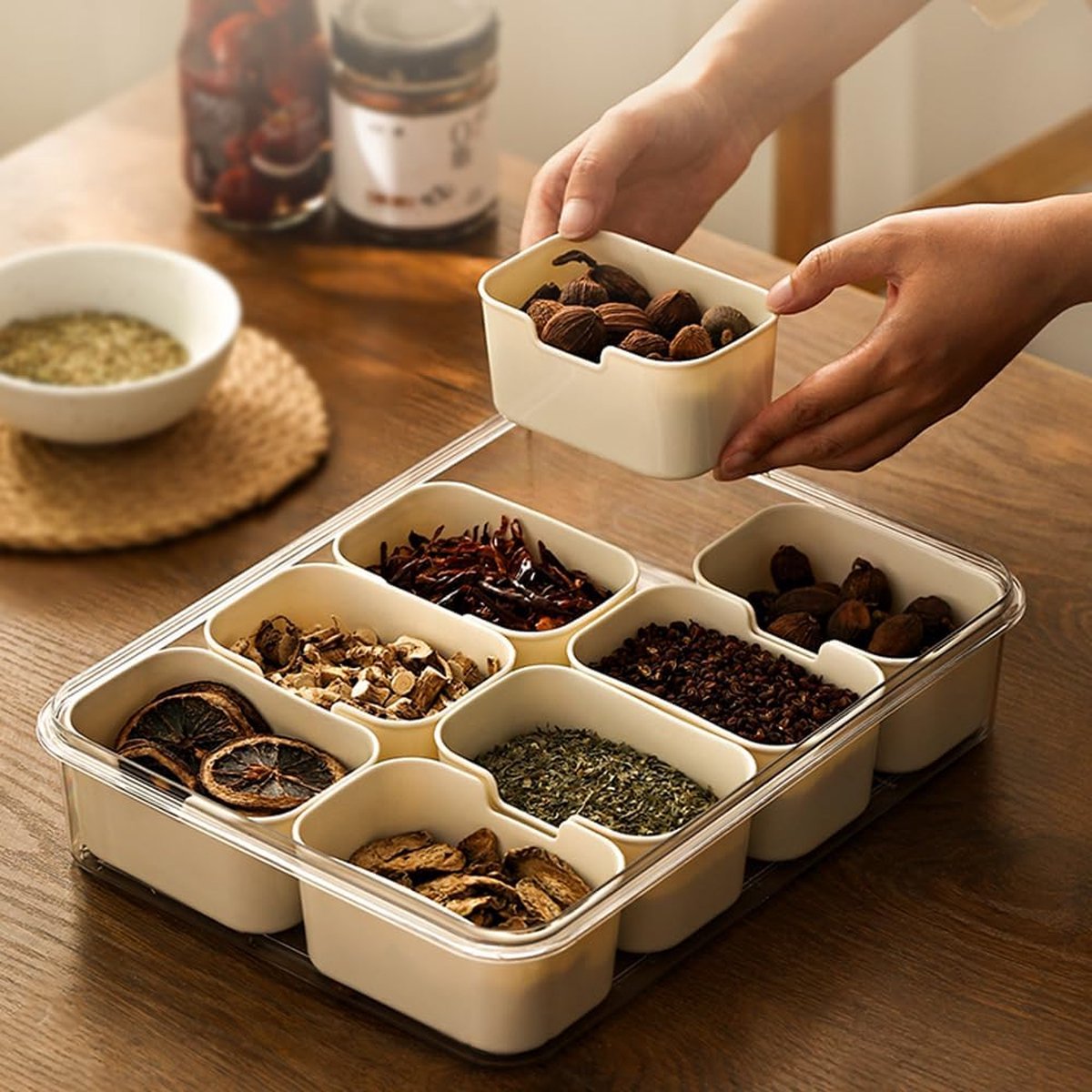 Bol à Collations Avec Couvercle Et 8 Compartiments - Plateau Repas Beige, Rangement Fruits, Noix, Biscuits