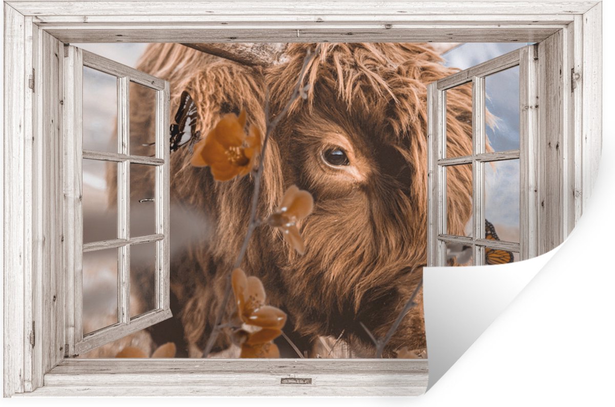 Muurstickers - Sticker Folie - Schotse hooglander - Doorkijk - Insecten - 120x80 cm - Plak