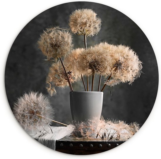 WallCircle - Wandcirkel ⌀ 90 - Bloemzaden - Paardenbloem- Vaas - Stilleven - Boeket - Ronde schilderijen woonkamer - Wandbord rond - Muurdecoratie cirkel - Kamer decoratie binnen - Wanddecoratie muurcirkel - Woonaccessoires