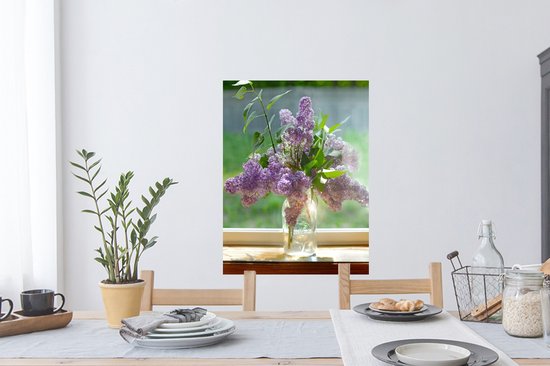 Sticker Muursticker Lilas - Vase en Verres avec lilas - 60x80 cm - film adhésif autocollant - sticker mural repositionnable