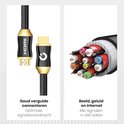 HDMI-kabel met gouden connectoren en een interne doorsnede van gekleurde draden.
