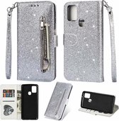 Portemonnee Hoesje - Wallet Case - Rits Sparkly Glitter - Telefoonhoes met Kord Geschikt voor: Samsung Galaxy M31 - Zilver