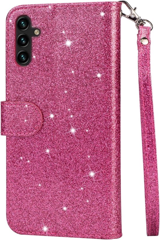 Étui portefeuille - Étui portefeuille - Fermeture éclair à Glitter scintillantes - Étui de téléphone avec Kord Convient pour : Samsung Galaxy A34 4G & 5G - Rose