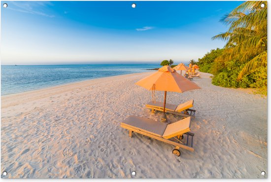 Tuinposter - Tuindoek - Tuinposters buiten - Caribisch strand met strandstoel - 120x80 cm - Tuin