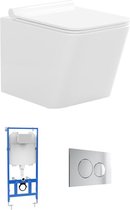Set voor witte hang-wc met voorwandsysteem en chroomkleurige ronde bedieningsplaat - CLEMONA L 35.5 cm x H 34 cm x D 51.5 cm