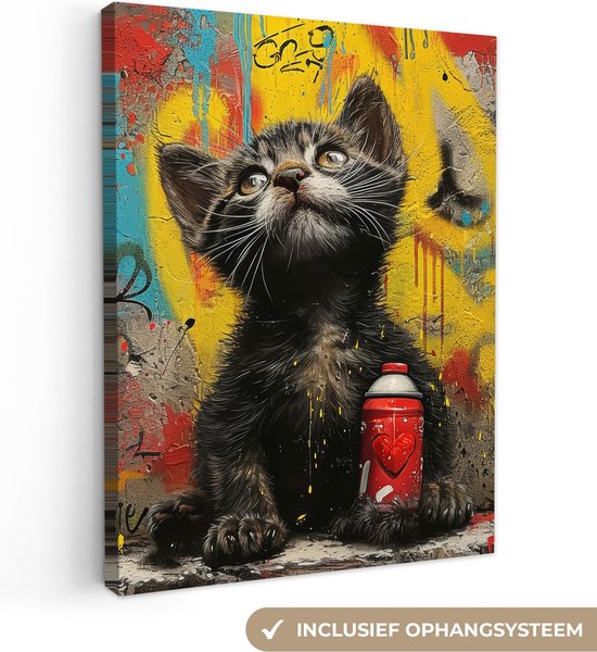 Canvas Schilderij 60x80 cm - Graffiti - Kitten - Street art - Kat - Dier - Wanddecoratie slaapkamer - Muurdecoratie woonkamer - Interieur decoratie - Schilderijen