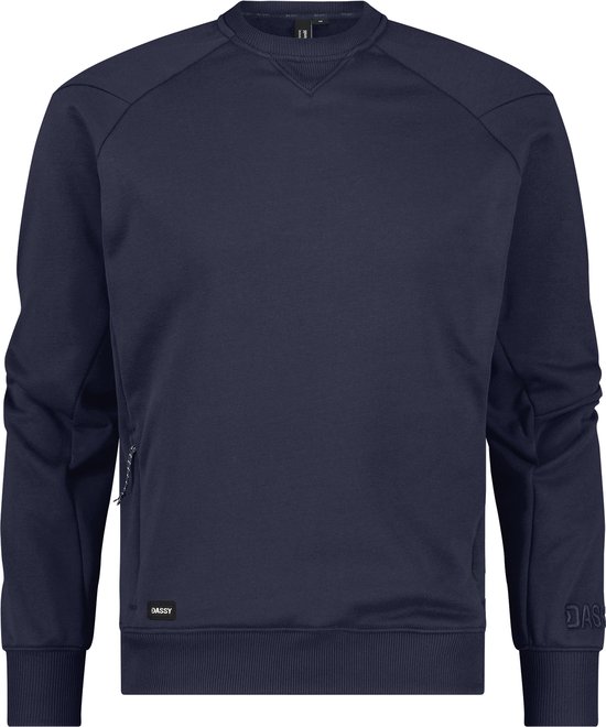 Donkerblauwe DASSY sweater met raglanmouwen en ritsdetail op de zijkant.