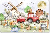 Tuinposter 120x80 cm - Tuindecoratie Boerderij - Trekker - Kinderen - Dieren - Poster voor in de tuin - Buiten decoratie - Schutting tuinschilderij - Tuindoek muurdecoratie - Wanddecoratie balkondoek