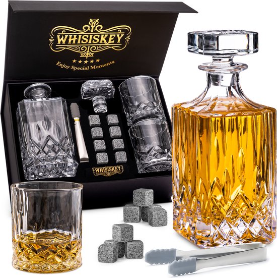 Whisiskey Whiskey Karaf - Klassiek - Whiskey Glazen - Luxe Whiskey Karaf Set - 0,7 L – Decanteer Set - Whisky Set - Incl. 2 Tumbler Glazen, 8 Granieten Whiskey Stones - Peaky Blinders