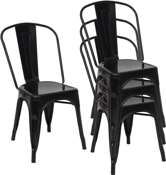 Chaises métalliques noires empilables, une seule et trois empilées.