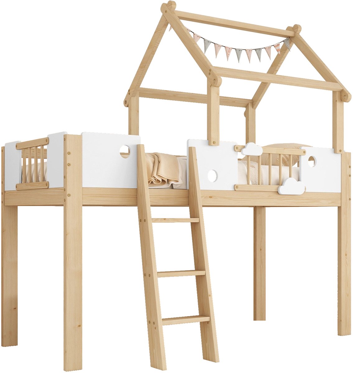 Gutent Hoogslaper - kinderbed - met relingen - uniek dakdesign - met drie treden schuine ladder - grenen frame - grenen + MDF + multiplex - Wit + Natuurlijke kleur - 90x200cm - Zonder matras