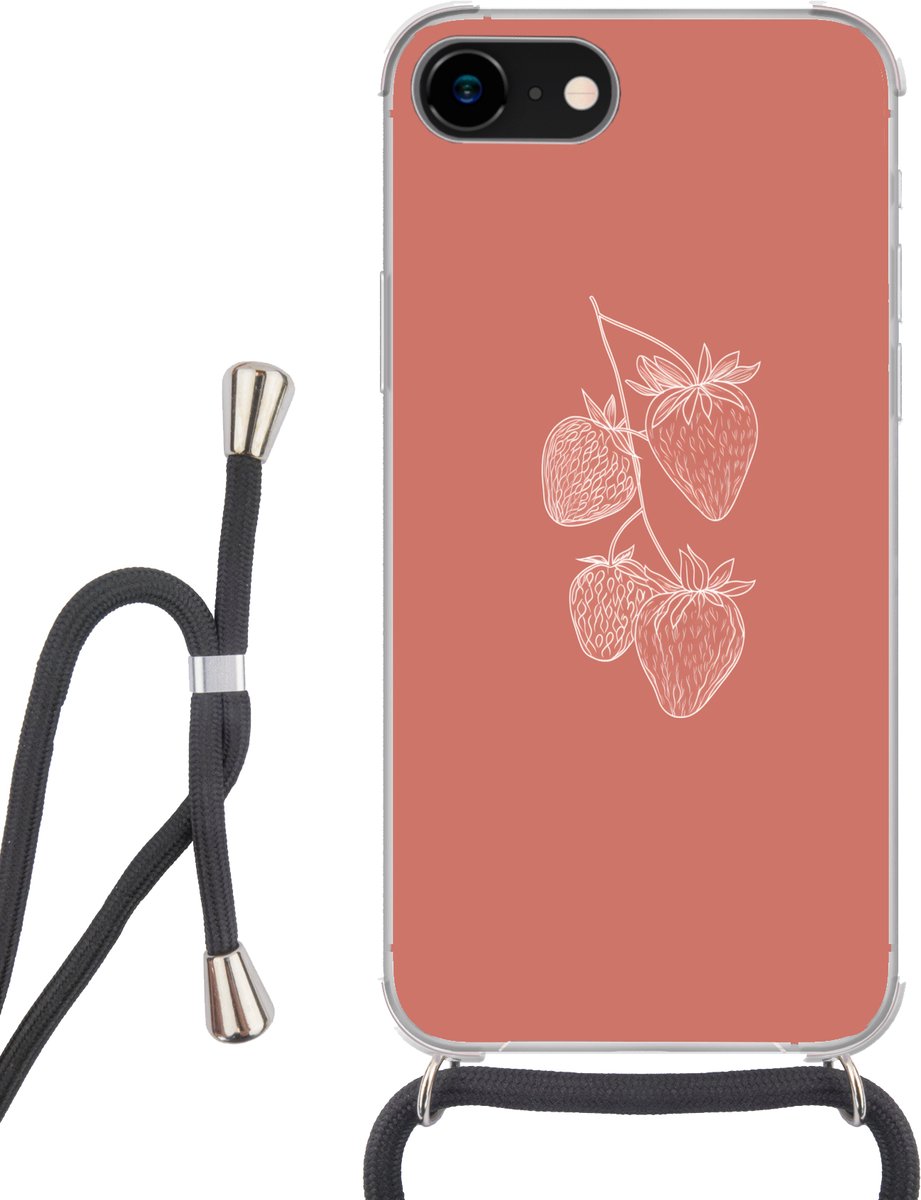 Telefoonhoesje Geschikt voor iPhone 8 - Minimalistisch - Illustratie - Aardbei - Tak - Siliconen - Crossbody - Backcover met Koord - Telefoonhoesje met koord - Hoesje met touw Telefoonhoesje