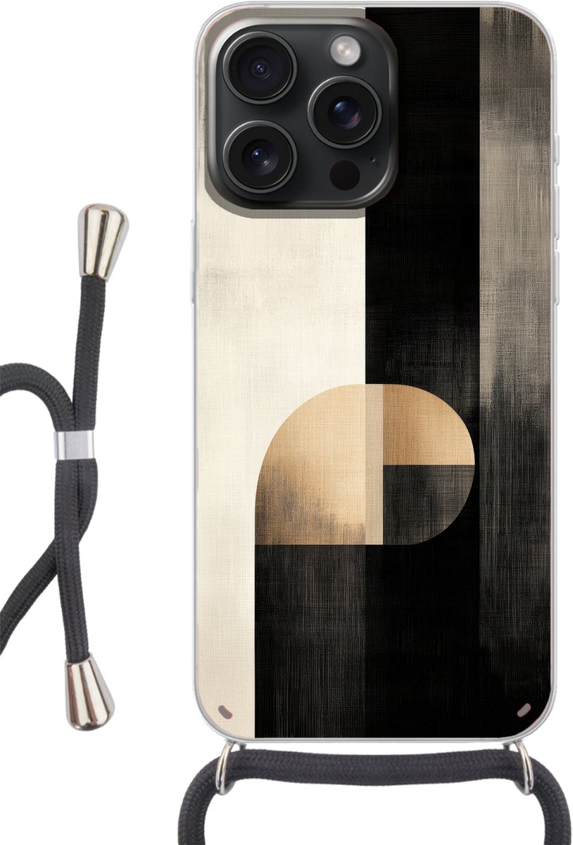 Telefoonhoesje Geschikt voor iPhone 15 Pro - Vormen - Modern - Zwart - Siliconen - Crossbody - Backcover met Koord - Telefoonhoesje met koord - Hoesje met touw Telefoonhoesje