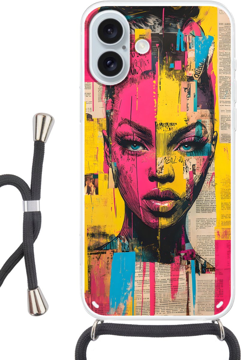 Telefoonhoesje Geschikt voor iPhone 16 Plus met koord - Vrouwengezicht - Krantenpapier - Abstract - Roze - Siliconen - Crossbody - Backcover met Koord - Telefoonhoesje met koord - Hoesje met touw Telefoonhoesje