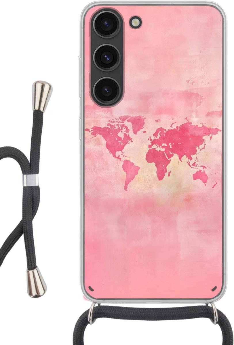 Telefoonhoesje Geschikt voor Samsung Galaxy S23 - Wereldkaart - Roze - Vaag - Siliconen - Crossbody - Backcover met Koord - Telefoonhoesje met koord - Hoesje met touw Telefoonhoesje