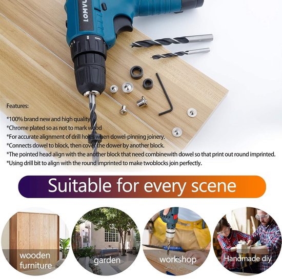 Dowelling Jig, Jarchii dowelling Jig, 3 in 1 6/8/10/15mm hoge precisie houtbewerking zelfcentrerende dowelling Jig boor gids Locator Kit uitgerust met een speciale klemplank