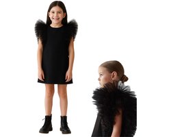 Joya Kids® Bruidsmeisje Jurk Meisje Zwart met Tule Pofmouwen | Feestjurk Tule Mouwen | Prinsessen jurk Zwart | Feestjurk Communie | Kinderjurk Bruiloft | Voor 2 tot 10 jaar oud | Maat 130