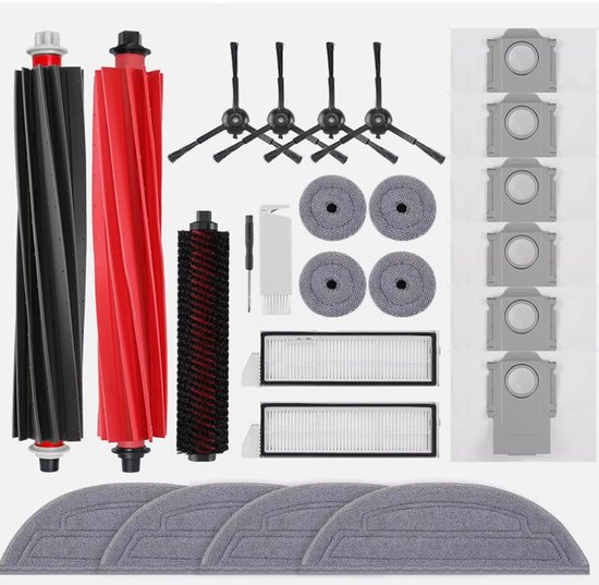 Compleet assortiment accessoires voor robotstofzuiger: borstelrollen, zijborstels, poetsdoeken, filters en stofzakken.