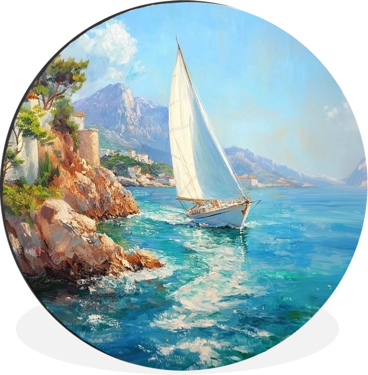 WallCircle Wandcirkel - Muurcirkel - Zeilboot - Rotsen - Kust - Huizen - Aluminium - Dibond - 60x60 cm - Binnen en Buiten Zeilboot - Huizen - Rotsen