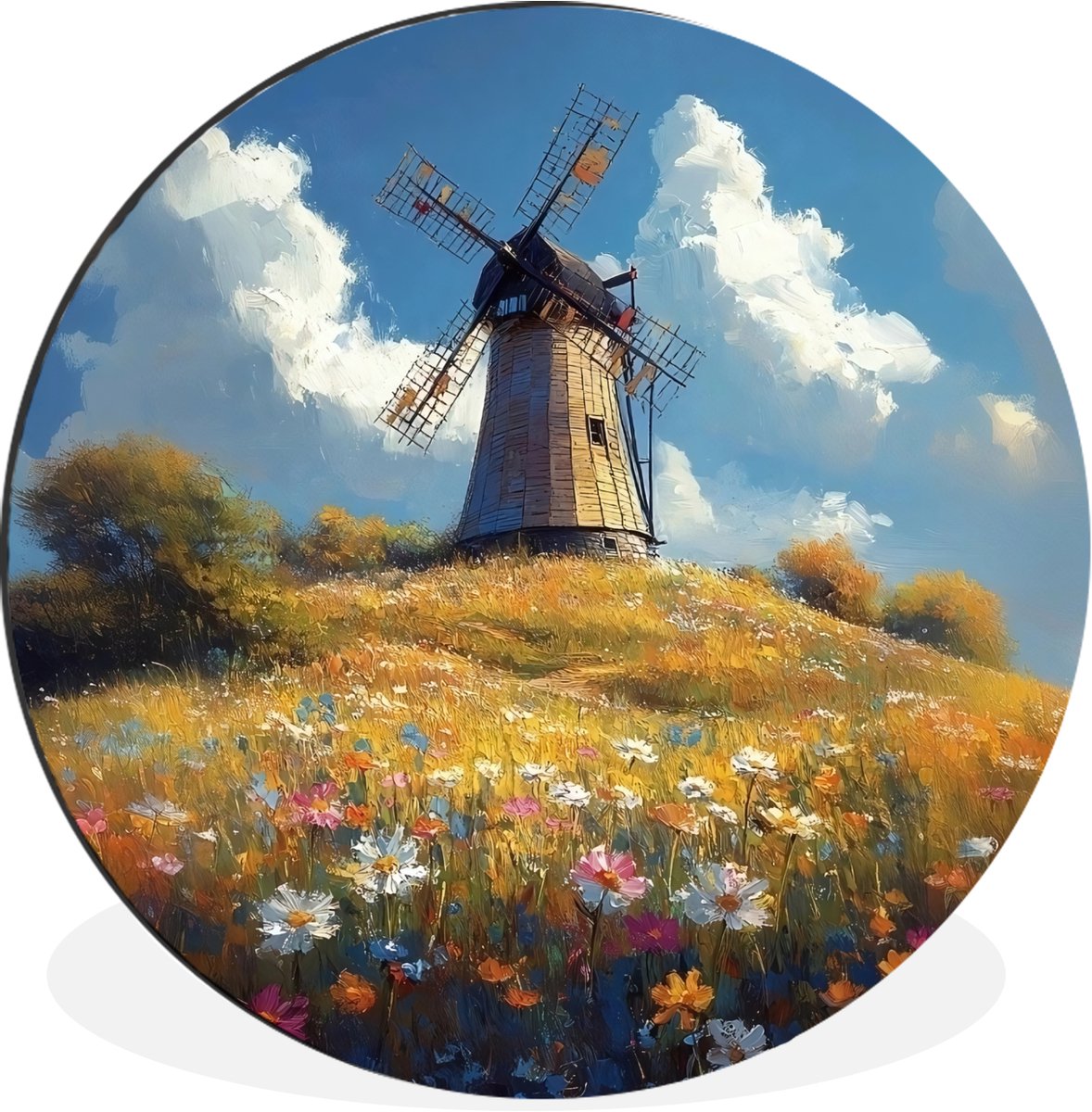 WallCircle Wandcirkel - Muurcirkel - Windmolen - Heuvel - Bloemen - Kleurrijk - Aluminium - Dibond - 140x140 cm - Binnen en Buiten