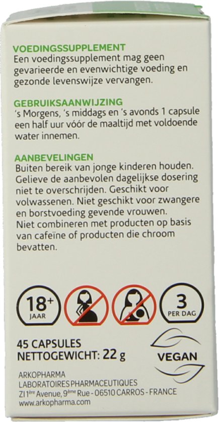 Achterkant van ArkoPharma Garcinia doos. Toont leeftijdsindicatie 18+, vegan logo en 3 capsules per dag.