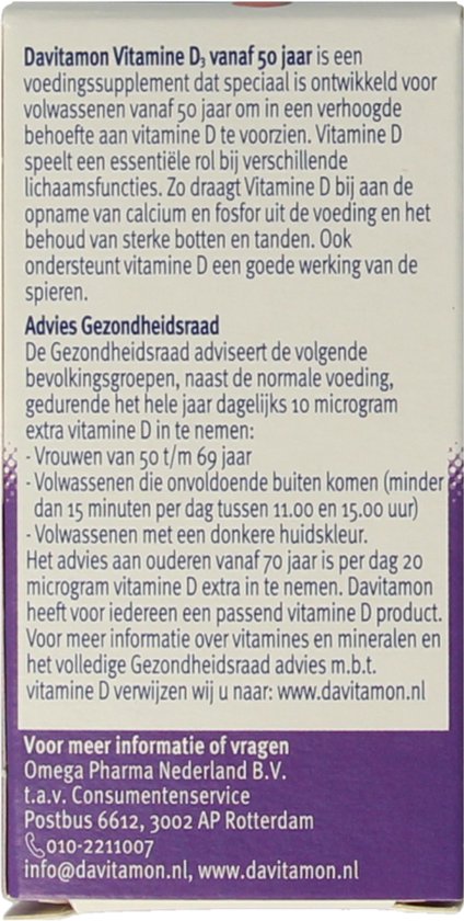 Davitamon Vitamine D 50+ voor volwassenen. Vitamine D speelt een essentiële rol. Advies Gezondheidsraad: vrouwen 50-69 jaar dagelijks 10 microgram extra vitamine D. Voor meer informatie over vitamines en mineralen: www.davitamon.nl.