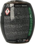 Achterkant van de Dylon Espresso Brown textielverf pod met waarschuwingssymbolen en recycle-instructies.