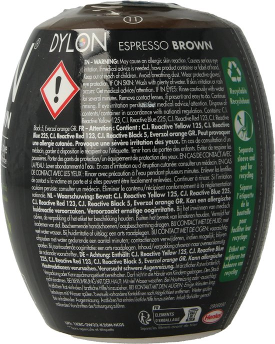 Achterkant van de Dylon Espresso Brown textielverf pod met waarschuwingssymbolen en recycle-instructies.