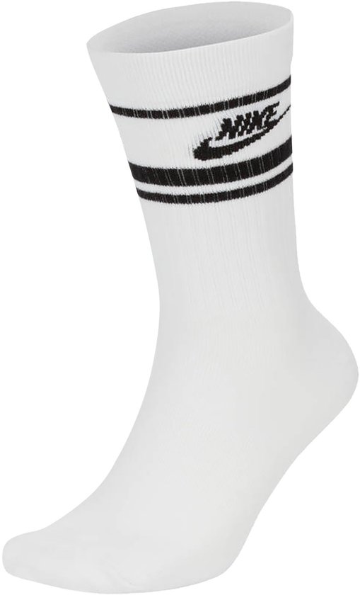 Een witte sok met twee zwarte strepen en een Nike logo.