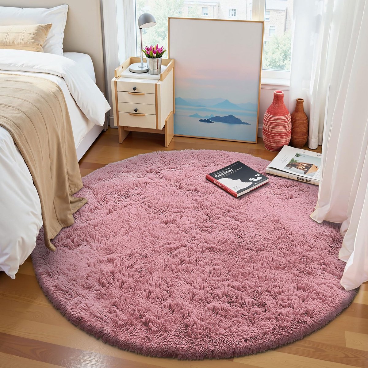 Ibenzoa® Rond roze vloerkleed met zachte pool en antislip voor woon- en slaapkamers