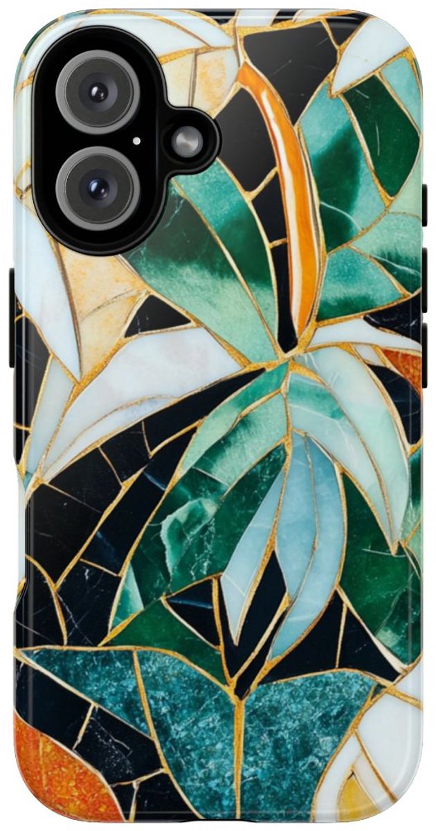 Tropisch Bladmozaïek met Gouden Accenten – Telefoonhoesje Geschikt voor iPhone 16