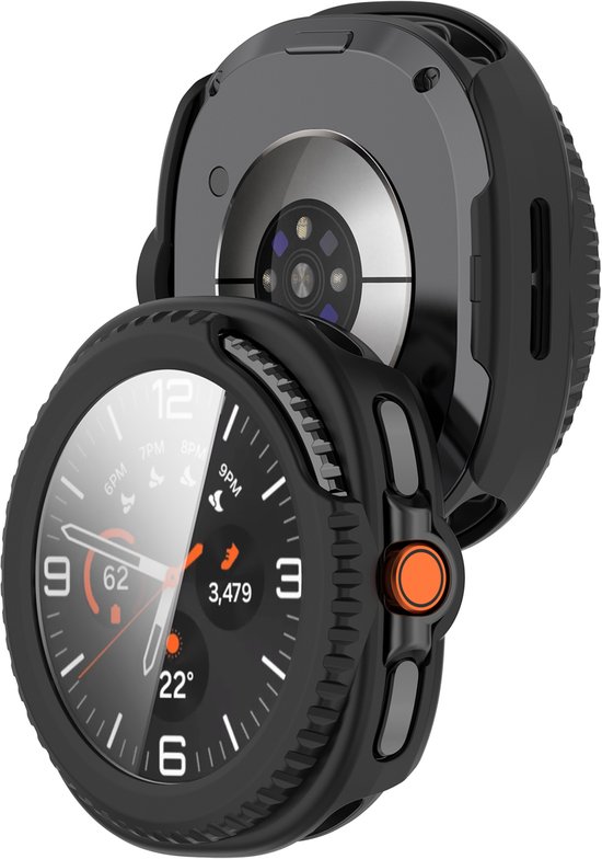 De achterkant van een smartwatch in een zwart hoesje, met de sensor zichtbaar, naast de wijzerplaat.