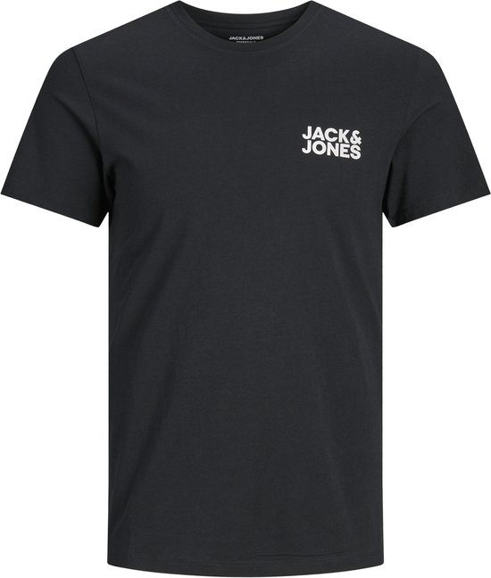 Zwart Jack & Jones t-shirt met korte mouwen, ronde hals en wit logo op de borst.