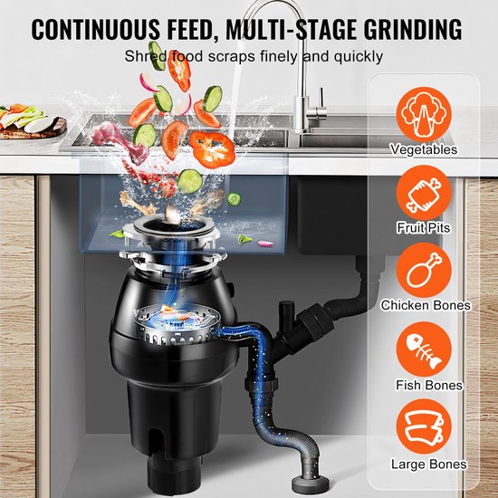 Broyeur de déchets pour évier - Broyeur de déchets de cuisine - 3/4 CV - 3600 tr/min - Fixation à 3 boulons - Pour résidus alimentaires - Domestique