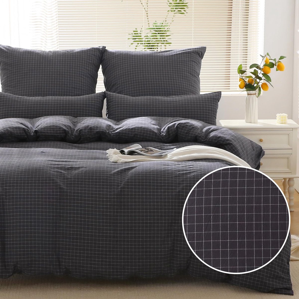 Ibenzoa Beddengoedset van 100% Katoen met Stijlvol Geruit Design, Inclusief Kussensloop en Dekbedovertrek zwart