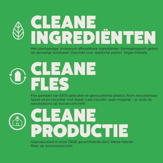 Groen Ecover informatiepaneel over schone ingrediënten, flessen en productie.