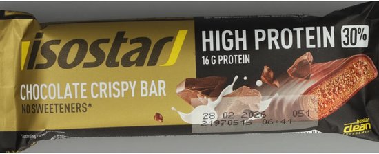 Isostar High Protein chocolade crispy bar met 16g eiwit, zonder zoetstoffen.