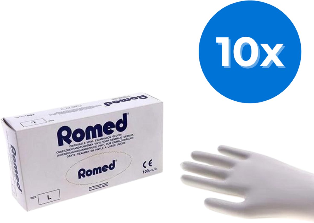 Goedkoopste Romed vinyl handschoenen gepoederd 1000 stuks - Set van 10 doosjes XL Romed