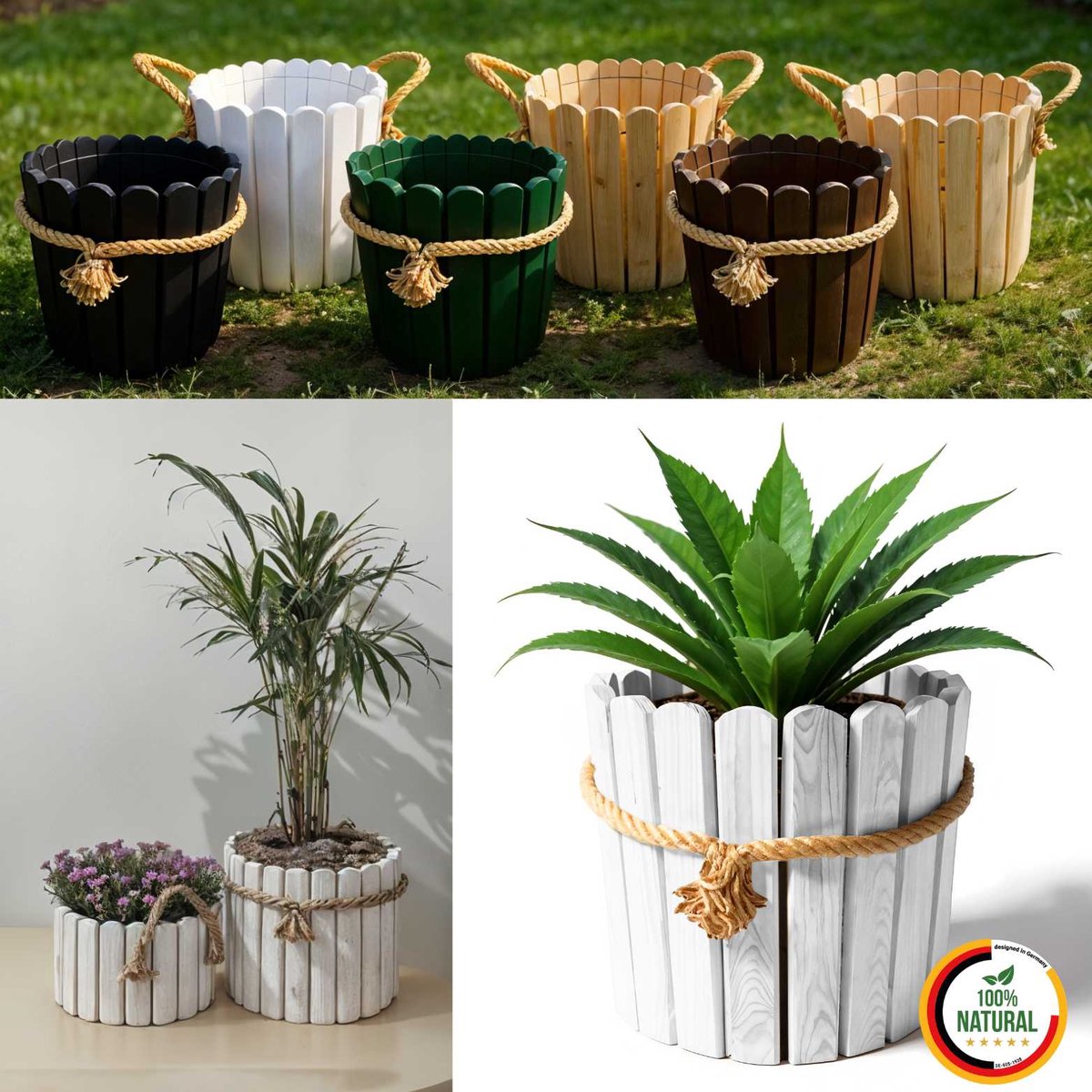Floranica ronde bloempot 20 x 33 cm van grenenhout, plantenpot, bloembak, kruidenpot voor huis en tuin, voor binnen- en buitengebruik, wit