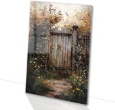 Verweerde houten poort met bloemen - Poort glazen schilderijen - Muurdecoratie architectuur - Impressionisme - Plexiglas schilderijen - Decoratie op glas - acrylglas 70x105 cm