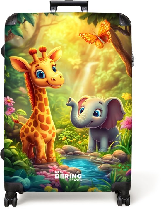 Reiskoffer met een jungleprint van een lachende giraf en een olifant bij een beekje, met vlinder.
