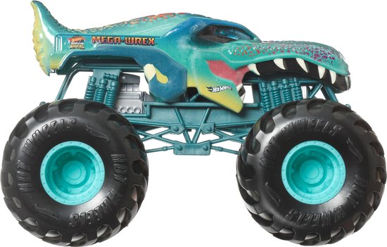 Blauwe monstertruck met haaienvin-achtige rug en tanden, met de tekst MEGA-WREX op de zijkant.