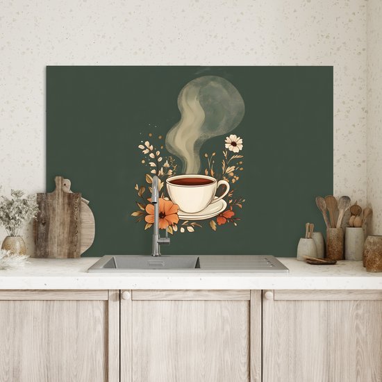 Spatscherm keuken 90x60 cm - Kookplaat achterwand Kop - Bloemen - Groen - Koffie - Muurbeschermer - Spatwand fornuis - Hoogwaardig aluminium