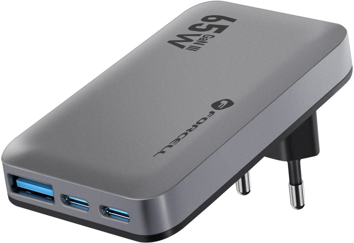 Forcell, GaN III Oplader 65W - 2x USB-C + USB - Snellader - Ultra-thin, Grijs