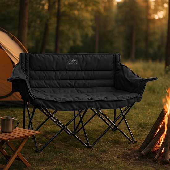 BAUER & MEYER® Campingstoel XL - Kampeerstoel - Opvouwbaar - Visstoel Inklapbaar - 2 Personen - Max. 300 kg - Vouwstoel - Incl. Draagtas - C600 Zwart van Bauer — afbeelding 2