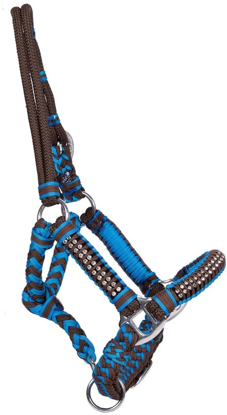 Bruin en blauw gevlochten halster met strass-steentjes op neusband en wangen.
