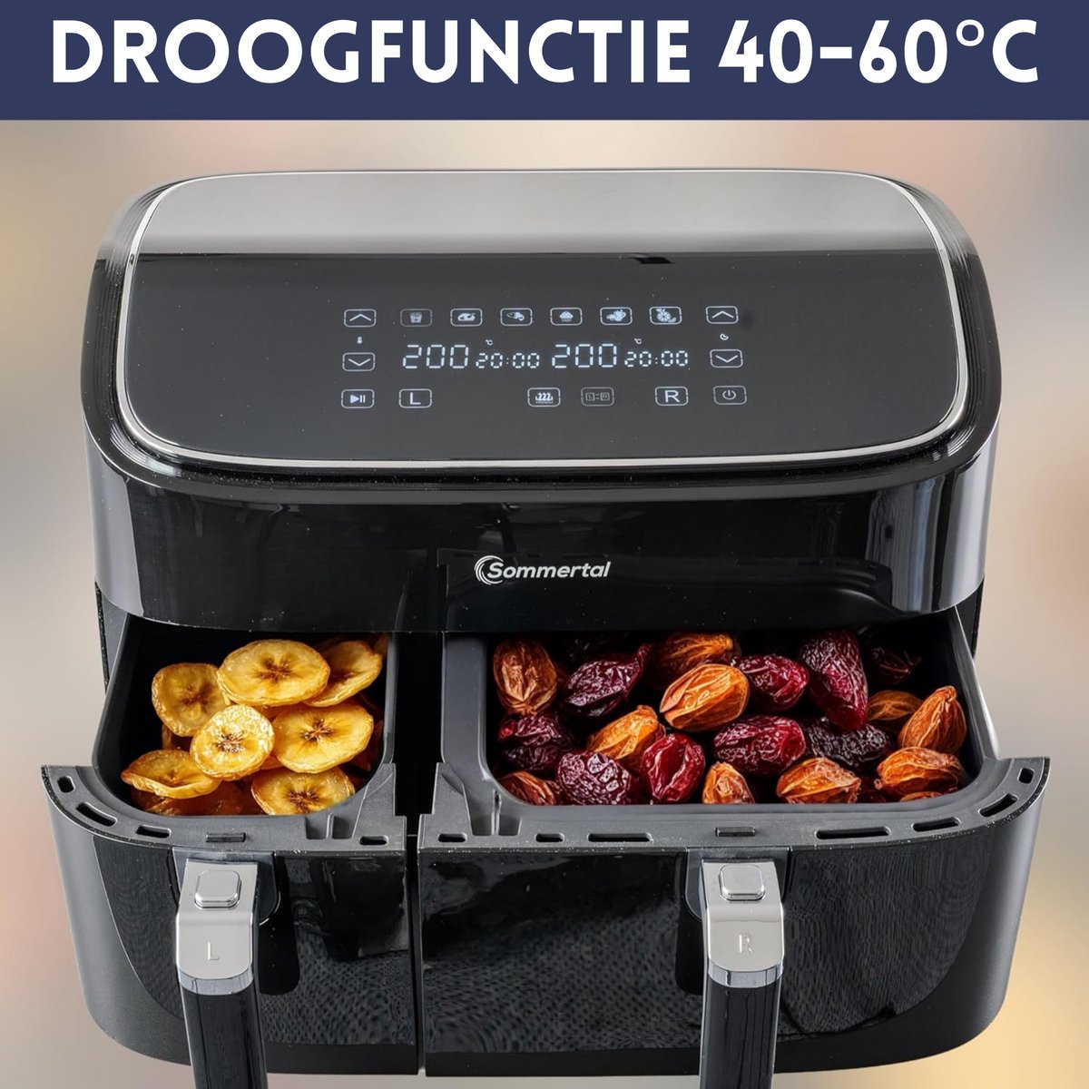 Afbeelding 3 van Sommertal HF DUAL 900 heteluchtfriteuse met dubbele kamer | 9 liter XXL heteluchtfriteuse & dehydrator | 2850 W | Digitaal touchscreen | 3D-luchtcirculatiesysteem | Voorverwarmen | Synchronisatiefunctie