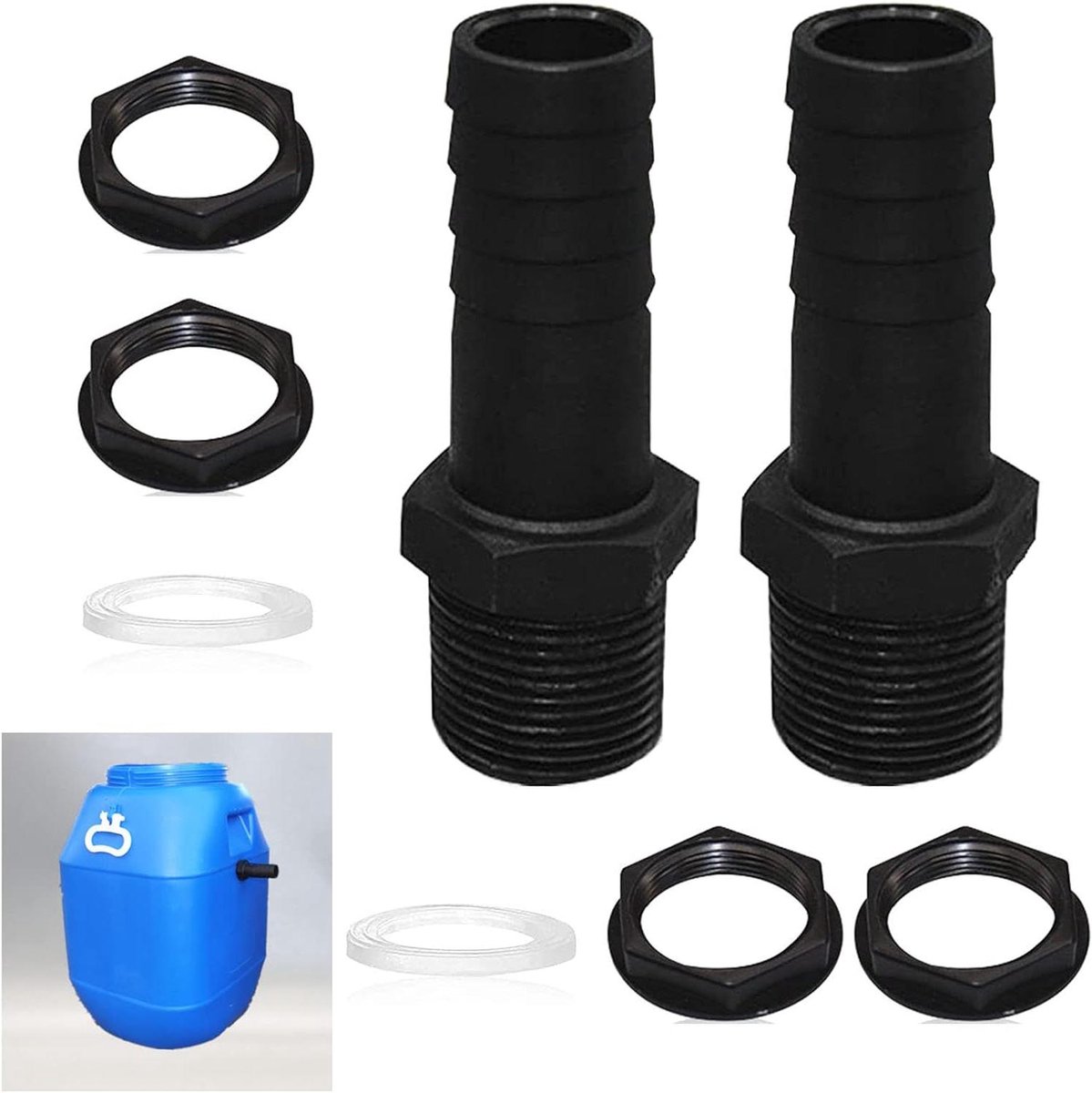 Allecto Plus - Regenton Aansluitset voor 1 Inch PVC Slang - Set van 2 stuks - Regenton Accessoires met Afdichtingen en Moeren - Regenton Verbindingsset voor Wateropslag met Seals