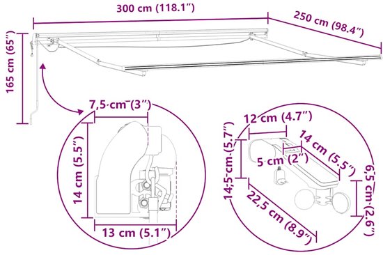 vidaXL - Auvent - automatique - extensible - LED - 300x250 - cm - anthracite - et - blanc