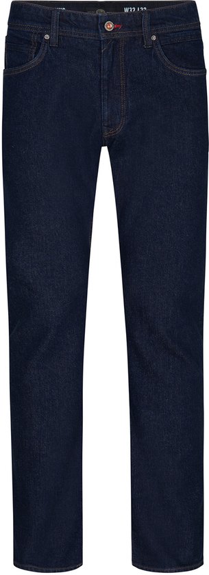 Rechte donkerblauwe jeans met ritssluiting en knoop.